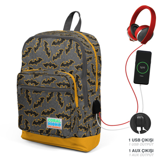 Coral High Kids Koyu Gri Hardal Yarasa Desenli Dört Bölmeli USB'li Okul Sırt 23821 - Coral High KIDS