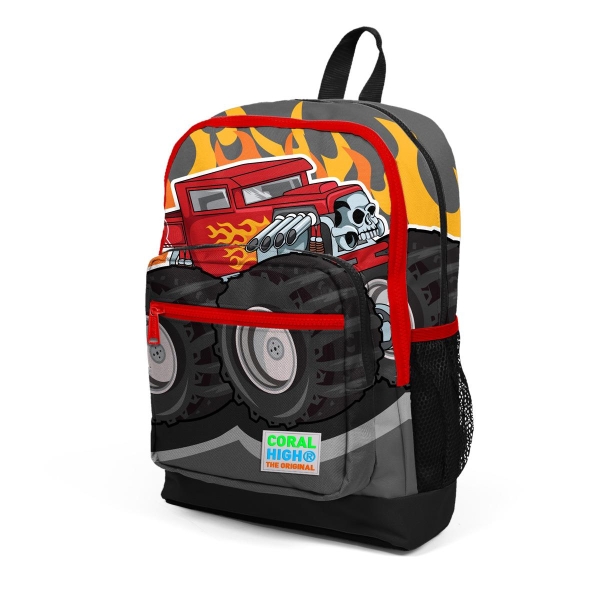 Coral High Kids Koyu Gri Siyah Monster Truck Desenli Dört Bölmeli Okul Sırt Çantası 23727 - 6