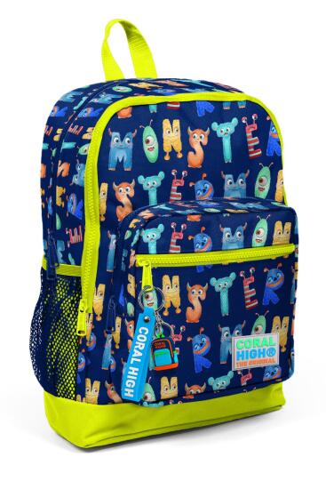 Coral High Kids Lacivert Neon Sarı Monster Desenli Dört Bölmeli Okul Sırt Çantası 23726 - Coral High KIDS