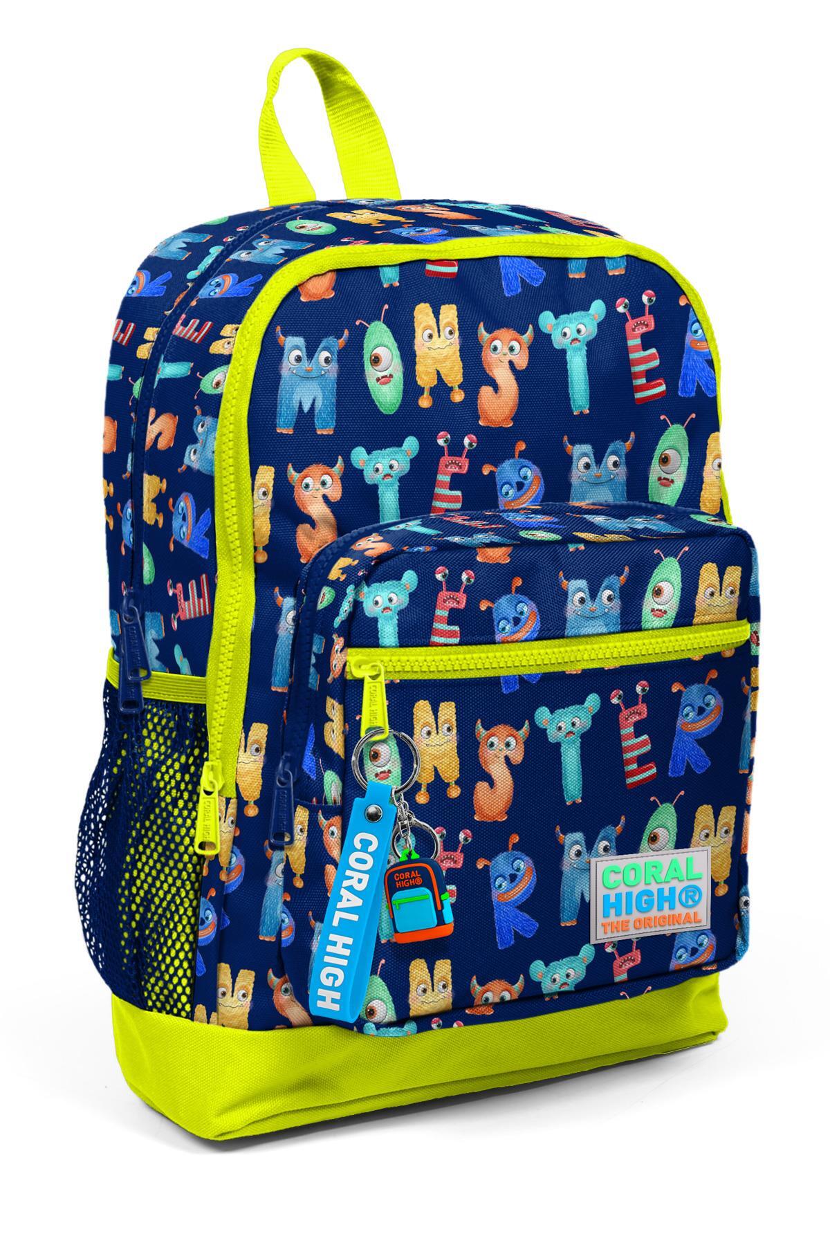 Coral High Kids Lacivert Neon Sarı Monster Desenli Dört Bölmeli Okul Sırt  Çantası 23726