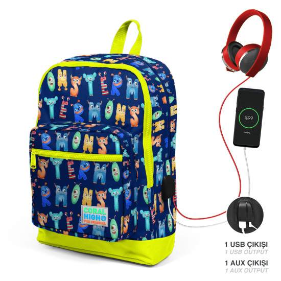 Coral High Kids Lacivert Neon Sarı Monster Desenli Dört Bölmeli USB'li Okul Sırt Çantası 23826 - Coral High KIDS