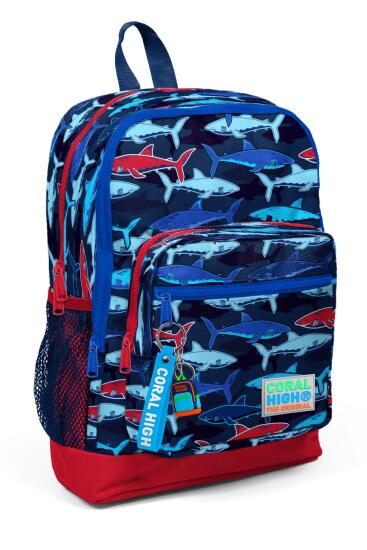 Coral High Kids Lacivert Kırmızı Köpek Balığı Desenli Dört Bölmeli Okul Sırt Çantası 23718 - Coral High KIDS