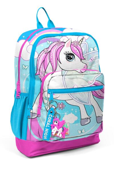 Coral High Kids Mavi Neon Pembe Ünicorn Desenli Dört Bölmeli Okul Sırt Çantası 23711 - 1