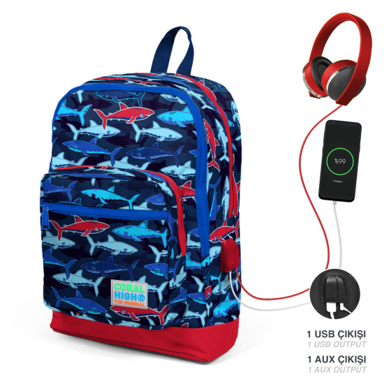 Coral High Kids Lacivert Kırmızı Köpek Balığı Desenli Dört Bölmeli USB'li Okul Sırt Çantası 23818 - Coral High KIDS