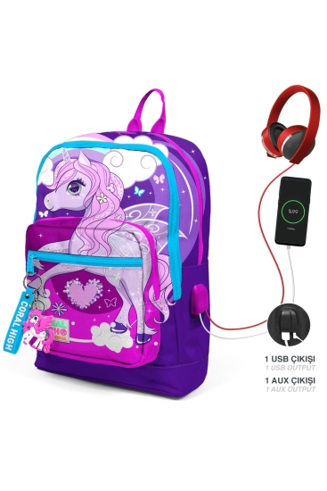Coral High Kids Mor Pembe Unicorn Desenli Dört Bölmeli USB'li Okul Sırt Çantası 23808 