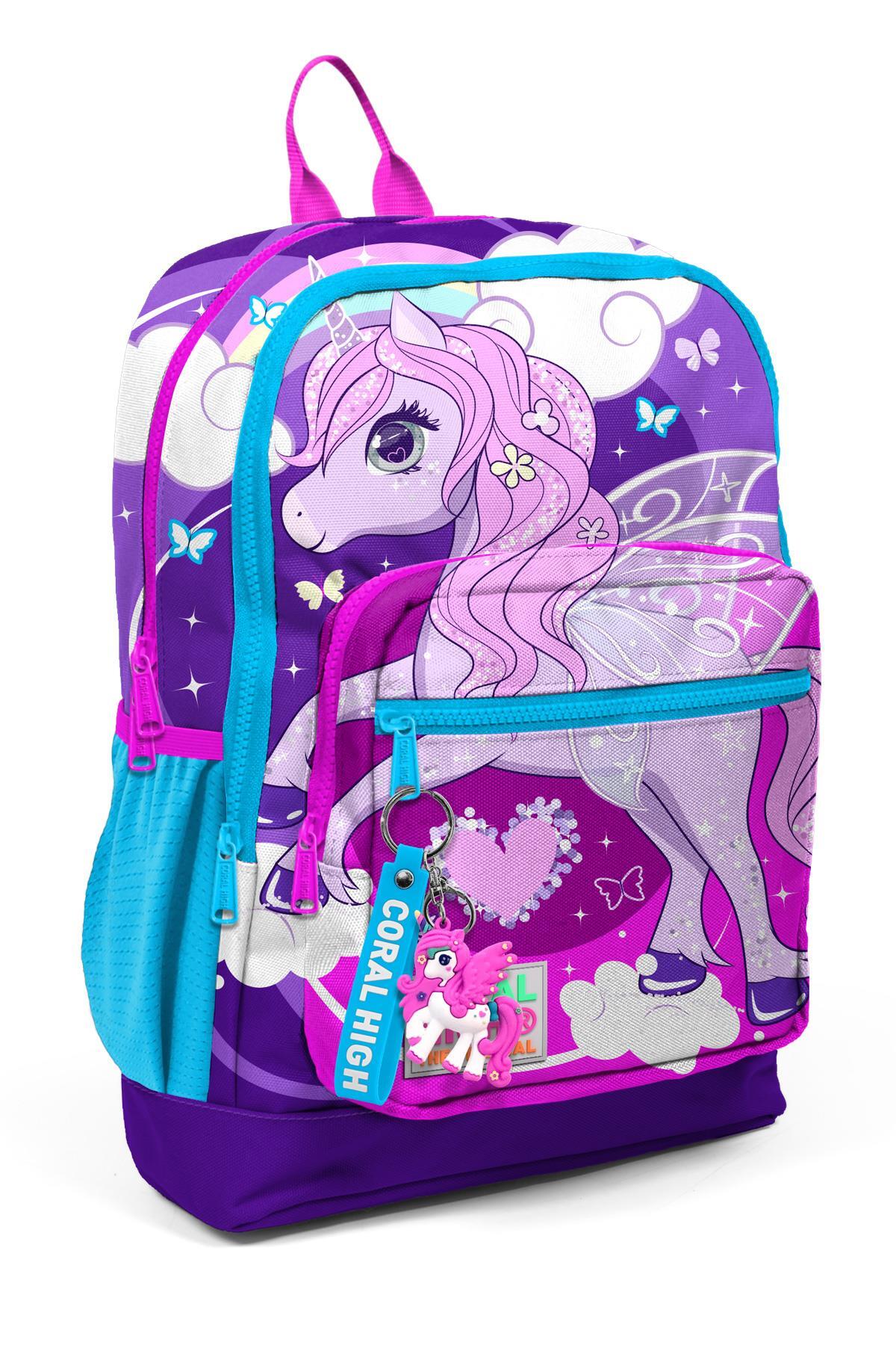 Coral High Kids  Mor Pembe Unicorn Desenli Dört Bölmeli Okul Sırt Çantası 23708
