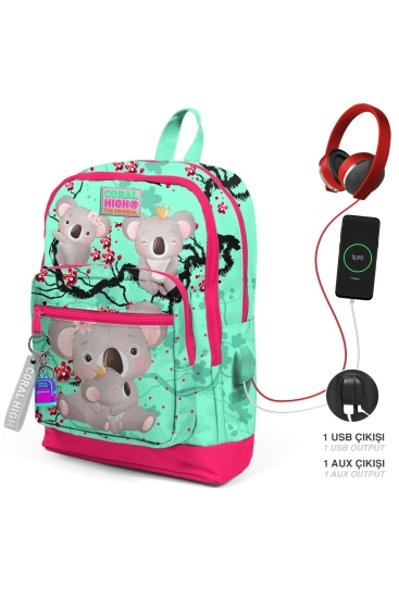 Coral High Kids Su Yeşili Neon Mercan Koala Desenli Dört Bölmeli USB'li Okul Sırt Çantası 23813 