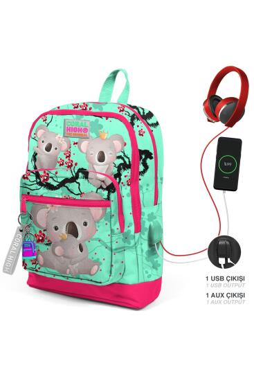 Coral High Kids Su Yeşili Neon Mercan Koala Desenli Dört Bölmeli USB'li Okul Sırt Çantası 23813 - Coral High KIDS