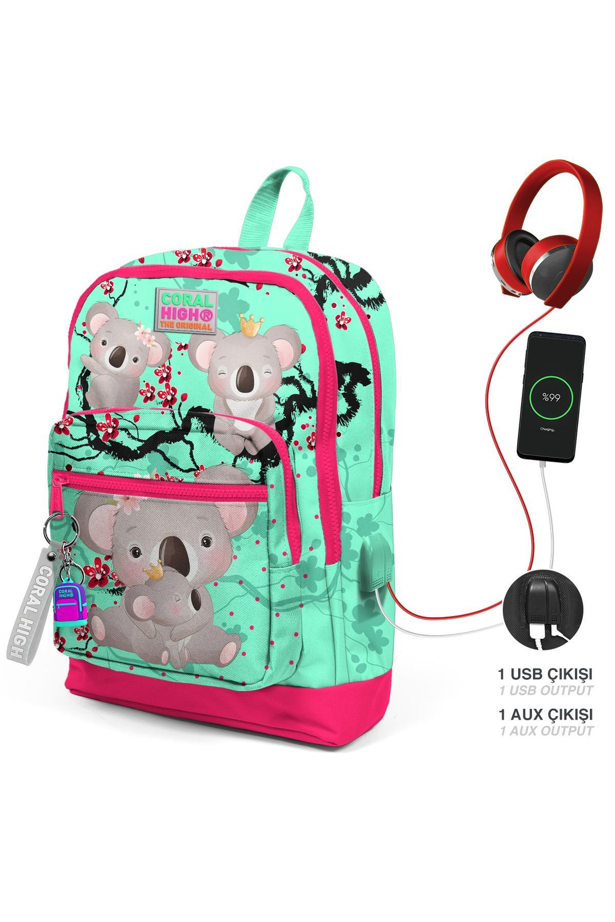 Coral High Kids  Su Yeşili Neon Mercan Koala Desenli Dört Bölmeli USB'li Okul Sırt Çantası  23813