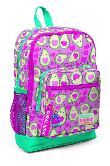 Coral High Kids Açık Pembe Su Yeşili Avokado Desenli Dört Bölmeli Okul Sırt Çantası 23709 