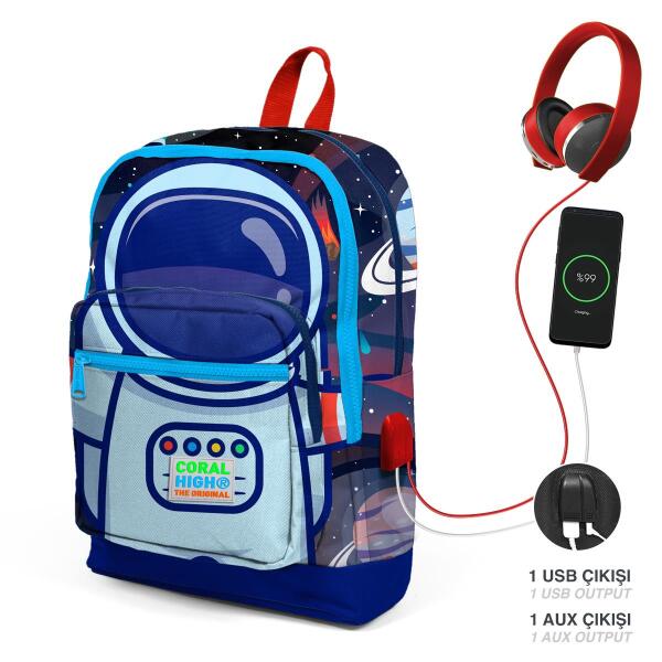 Coral High Kids Saks Mavi Astronot Desenli Dört Bölmeli USB'li Okul Sırt Çantası 23824 - 1