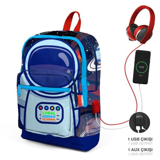 Coral High Kids Saks Mavi Astronot Desenli Dört Bölmeli USB'li Okul Sırt Çantası 23824 - Coral High KIDS