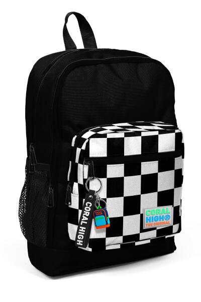 Coral High Kids Siyah Dama Desenli Dört Bölmeli Okul Sırt Çantası 23714 - 1