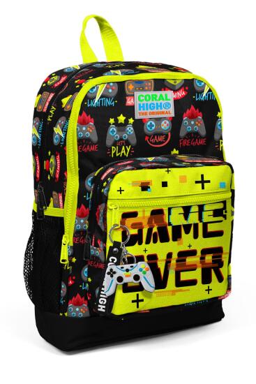 Coral High Kids Siyah Neon Sarı Game Over Desenli Dört Bölmeli Okul Sırt Çantası 23728 - Coral High KIDS