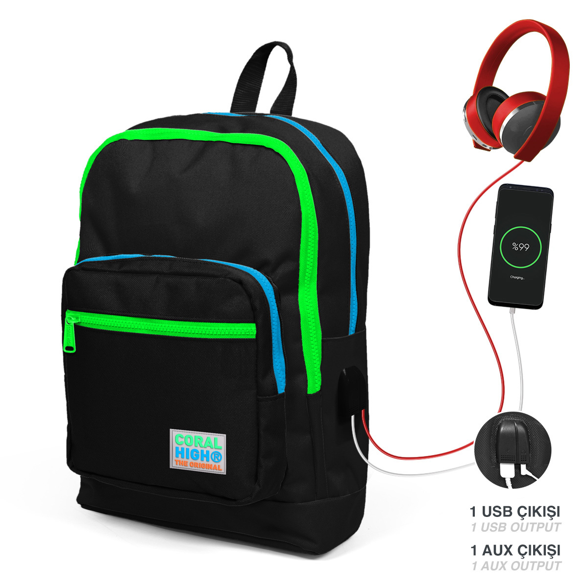 Coral High Kids Siyah Dört Bölmeli USB'li Okul Sırt Çantası  23817