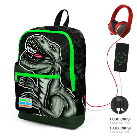 Coral High Kids Koyu Yeşil Siyah Dinozor Desenli Dört Bölmeli USB'li Okul Sırt Çantası 23825 