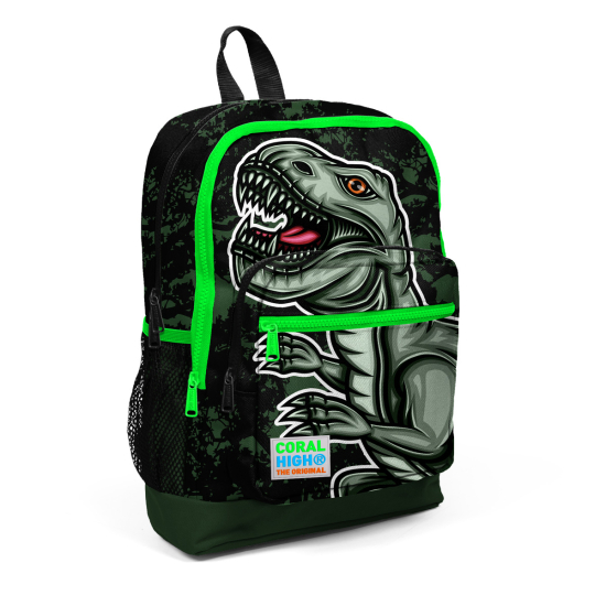 Coral High Kids Koyu Yeşil Siyah Dinozor Desenli Dört Bölmeli USB'li Okul Sırt Çantası 23825 - 6
