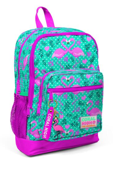 Coral High Kids Su Yeşili Pembe Flamingo Desenli Dört Bölmeli Okul Sırt Çantası 23712 