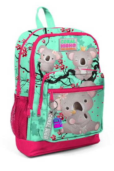 Coral High Kids Su Yeşili Neon Mercan Koala Desenli Dört Bölmeli Okul Sırt Çantası 23713 - Coral High KIDS