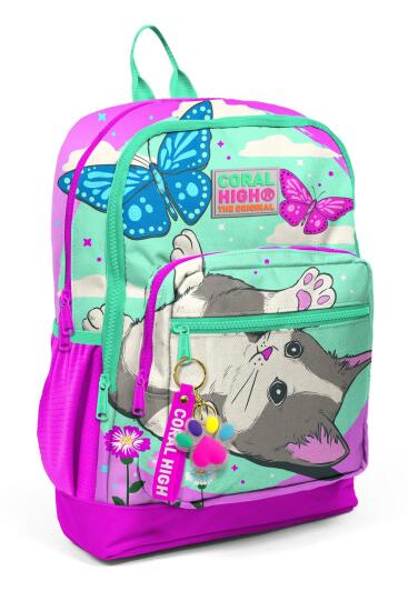 Coral High Kids Su Yeşili Pembe Kedi Desenli Dört Bölmeli Okul Sırt Çantası 23707 - Coral High KIDS