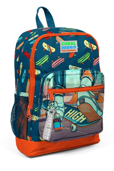 Coral High Kids Çivit Neon Turuncu Kaykay Desenli Dört Bölmeli Okul Sırt Çantası 23723 - 1