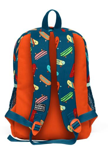 Coral High Kids Çivit Neon Turuncu Kaykay Desenli Dört Bölmeli Okul Sırt Çantası 23723 - 4