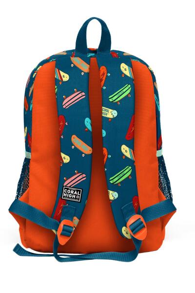 Coral High Kids Çivit Neon Turuncu Kaykay Desenli Dört Bölmeli Okul Sırt Çantası 23723 - 4