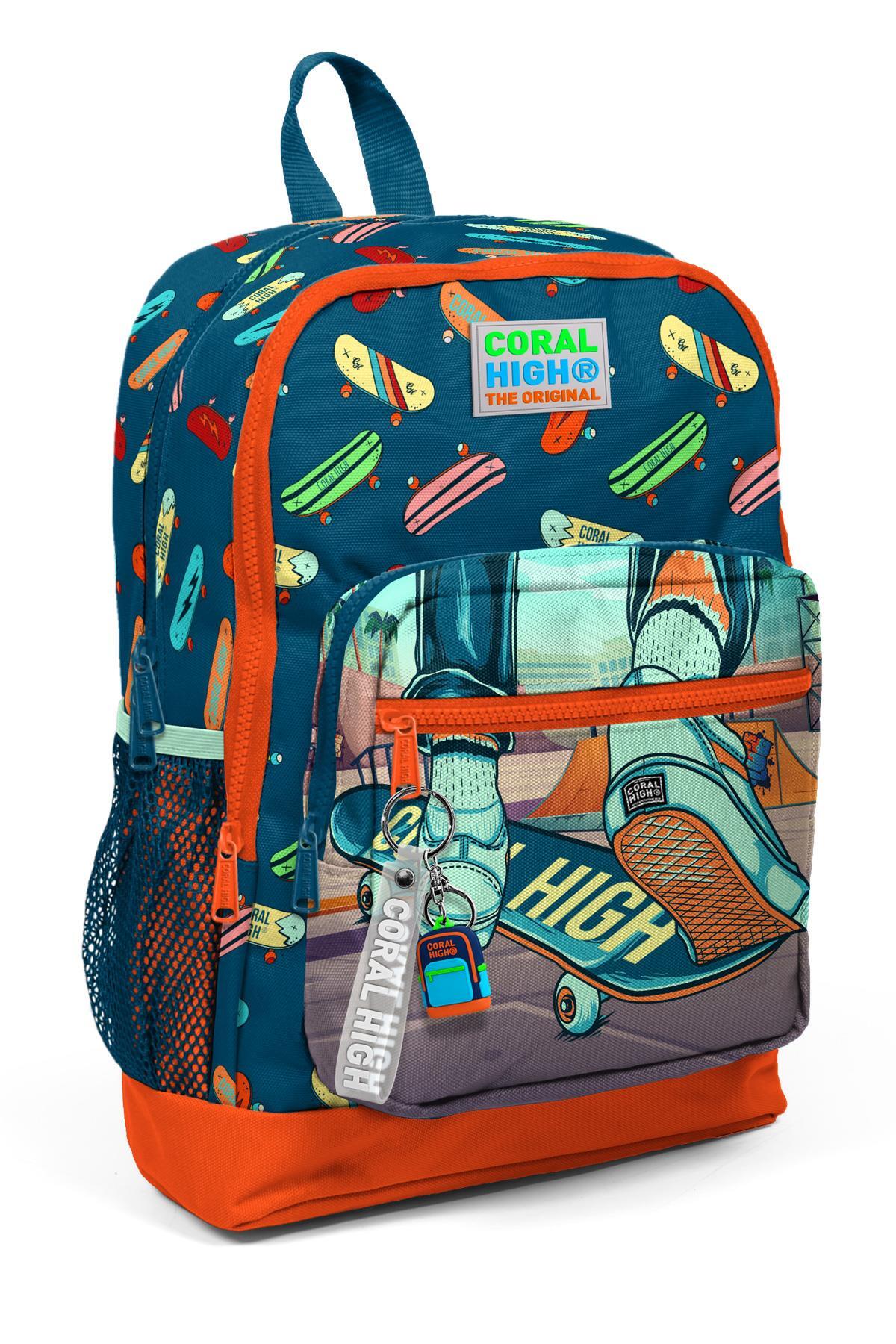 Coral High Kids Çivit Neon Turuncu Kaykay Desenli Dört Bölmeli Okul Sırt Çantası 23723