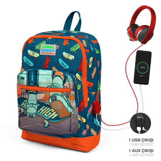 Coral High Kids Çivit Neon Turuncu Kaykay Desenli Dört Bölmeli USB'li Okul Sırt Çantası 23823 - Coral High KIDS