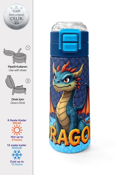 Coral High Kids Dragon Desenli Pipetli ve Direkt İçim Çelik Termos 500 ml 38113 - 1