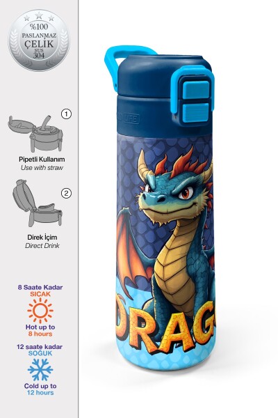 Coral High Kids Dragon Desenli Pipetli ve Direkt İçim Çelik Termos 500 ml 38113 - 1