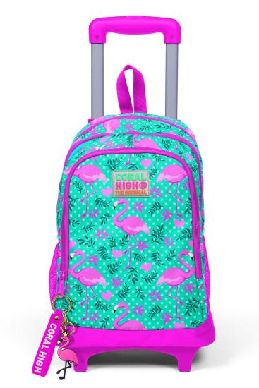 Coral High Kids Su Yeşili Pembe Flamingo Desenli Üç Bölmeli Çekçekli Okul Sırt Çantası 23912 - 7