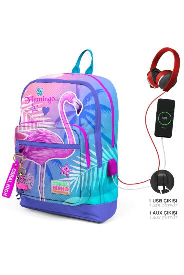 Coral High Kids Lavanta Pembe Flamingo Desenli Dört Bölmeli USB'li Okul Sırt Çantası 23805 - Coral High KIDS
