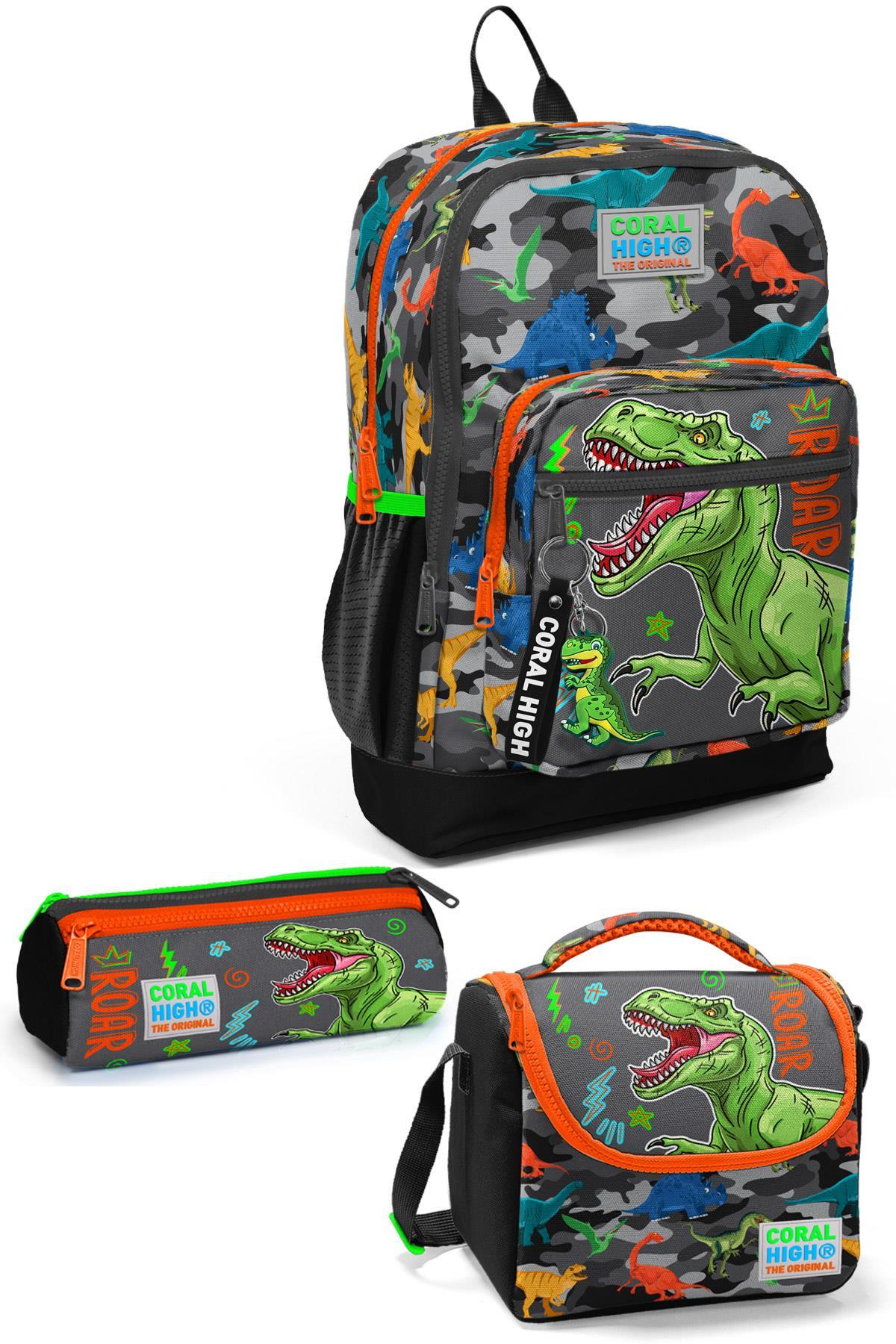 Coral High Kids Siyah Gri Dinozor Desenli 3’lü Okul Çanta Seti SET0123744