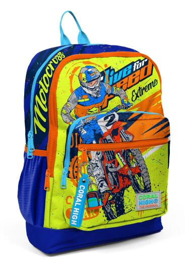 Coral High Kids Fosforlu Sarı Saks Motorsiklet Desenli Dört Bölmeli Okul Sırt Çantası 23742 