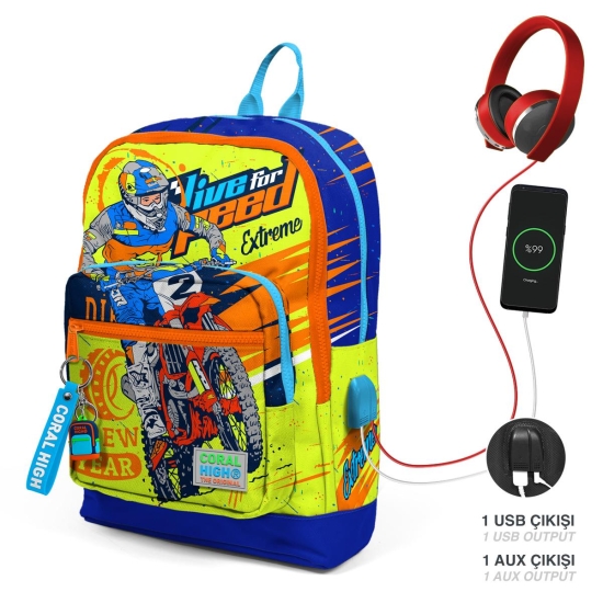 Coral High Kids Fosforlu Sarı Saks Motorsiklet Desenli Dört Bölmeli USB'li Okul Sırt Çantası 23842 - 1