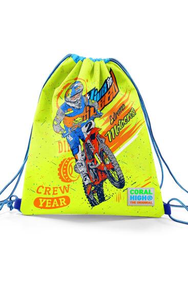 Coral High Kids Fosforlu Sarı Saks Motorsiklet Desenli İpli Büzgülü Sırt Çantası 22442 - 3