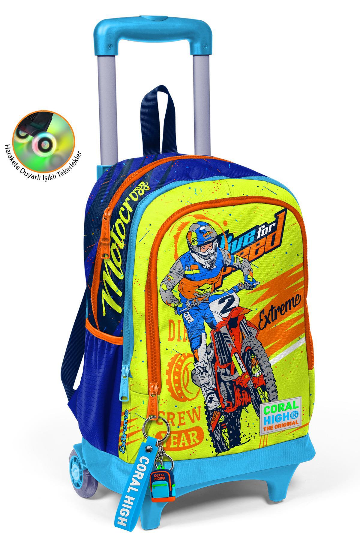 Coral High Kids Fosforlu Sarı Saks Motorsiklet Desenli Üç Bölmeli Çekçekli Okul Sırt Çantası 23942