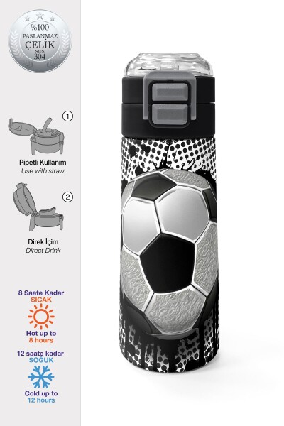 Coral High Kids Futbol Desenli Pipetli ve Direkt İçim Çelik Termos 500 ml 31816 - 1