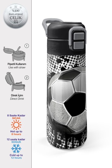 Coral High Kids Futbol Desenli Pipetli ve Direkt İçim Çelik Termos 500 ml 31816 