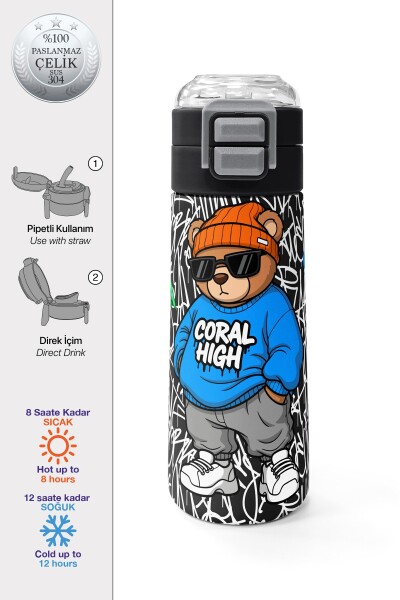 Coral High Kids Grafiti Ayıcık Desenli Pipetli ve Direkt İçim Çelik Termos 500 ml 38132 - 1