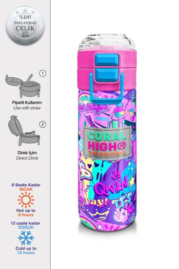 Coral High Kids Grafiti Desenli Pipetli ve Direkt İçim Çelik Termos 500 ml 31961 - Coral High KIDS