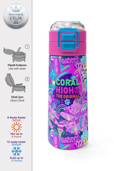 Coral High Kids Grafiti Desenli Pipetli ve Direkt İçim Çelik Termos 500 ml 31961 - Coral High KIDS