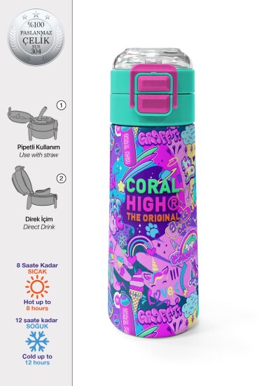 Coral High Kids Grafiti Desenli Pipetli ve Direkt İçim Çelik Termos 500 ml 31961 - Coral High KIDS