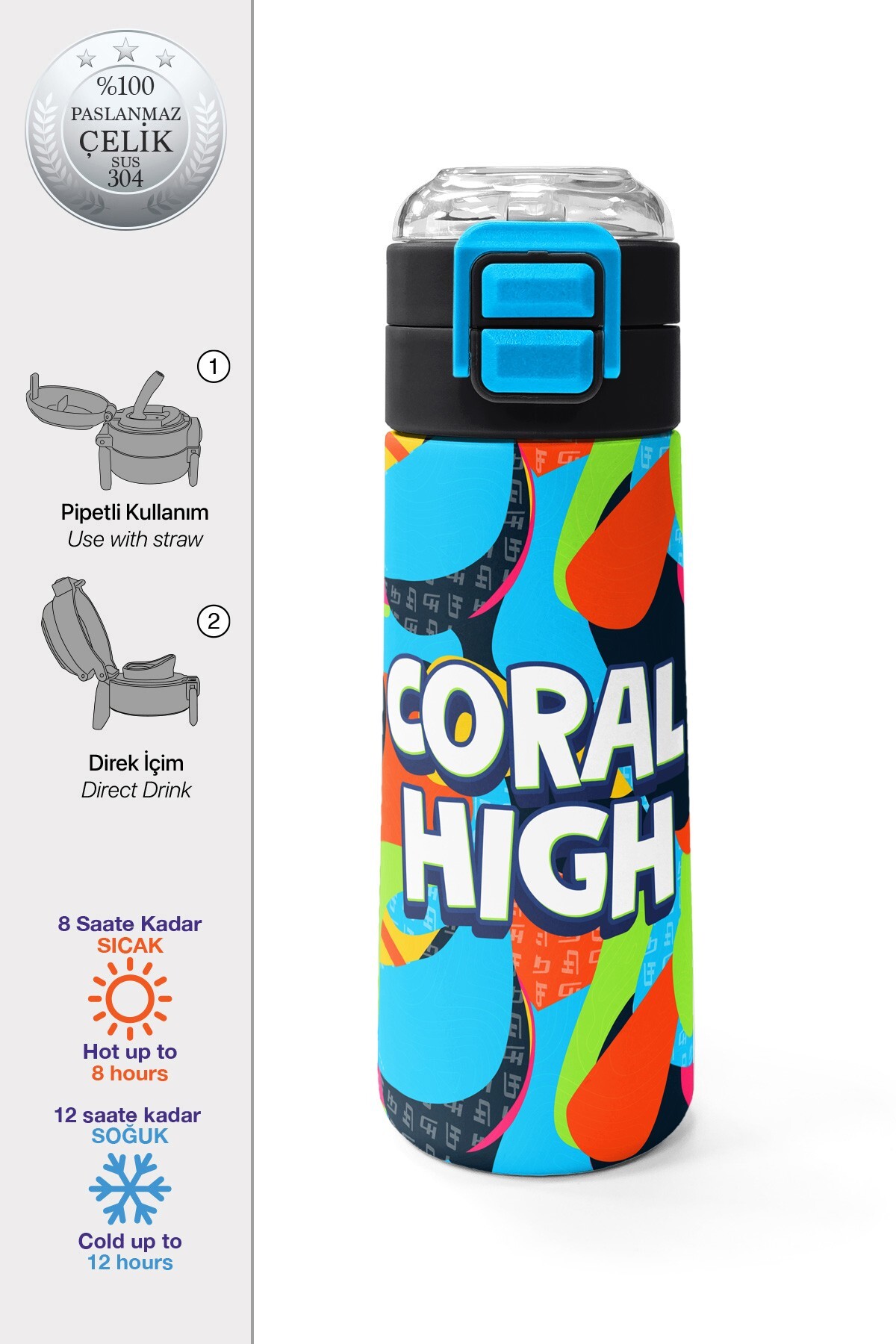 Coral High Kids Grafiti Desenli Pipetli ve Direkt İçim Çelik Termos 500 ml 31993