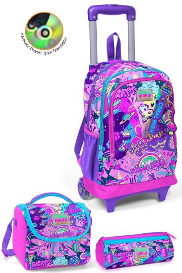 Coral High Kids Grafiti Desenli Üç Bölmeli Çekçekli 3'lü Çanta Seti SET0123960 - Coral High