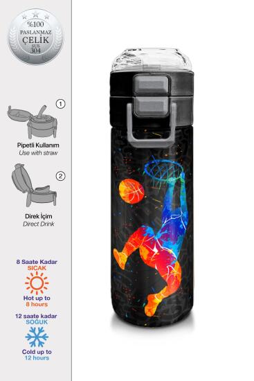 Coral High Kids Gri Basketbol Desenli Pipetli ve Direkt İçim Çelik Termos 500 ml 31856 - Coral High KIDS
