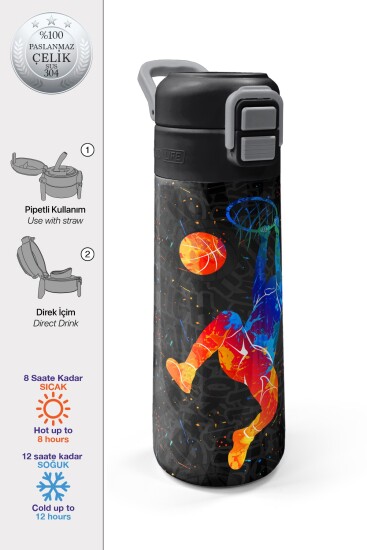 Coral High Kids Gri Basketbol Desenli Pipetli ve Direkt İçim Çelik Termos 500 ml 31856 