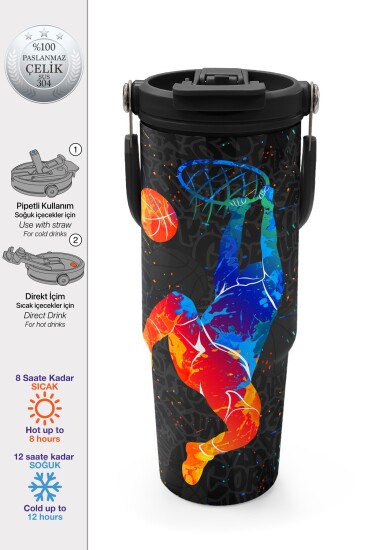 Coral High Kids Gri Basketbol Desenli Pipetli ve Direkt İçim Çelik Termos 900 ml 38712 