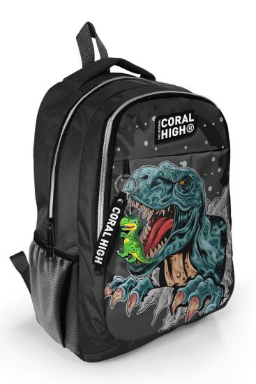 Coral High Kids Koyu Gri Siyah Dinozor Desenli Üç Bölmeli Okul Sırt Çantası 14386 - Coral High KIDS